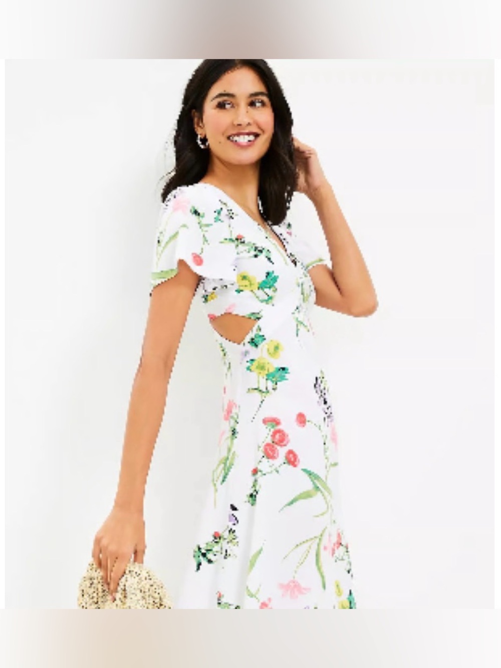 EUC LOFT White Midi Dress with Red & Green Floral Print w/ Cutouts Size 2
